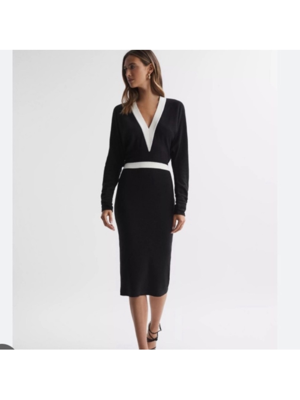Reiss Jodie V-Neck Black Knit Midi Dress with White Trim size 2